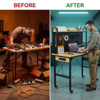 24 In. W Adjustable Workbench, Heavy Duty Wood Desktop Workbench with Wheels, Rolling Workbench with USB Outlet, Hooks — Before & After