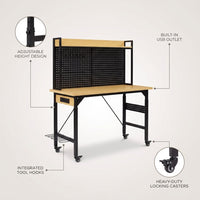 24 In. W Adjustable Workbench, Heavy Duty Wood Desktop Workbench with Wheels, Rolling Workbench with USB Outlet, Hooks — infographic