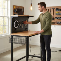 24 In. W Adjustable Workbench, Heavy Duty Wood Desktop Workbench with Wheels, Rolling Workbench with USB Outlet, Hooks — Lifestyle