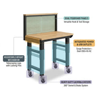 24 In. W Adjustable Workbench, Heavy Duty Wood Desktop Workbench with Wheels, Rolling Workbench with USB Outlet, Hooks — How It Works
