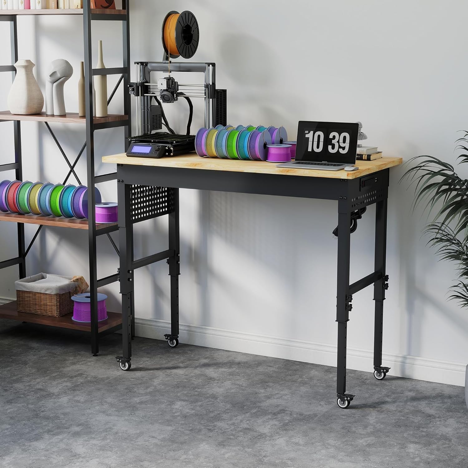 48" Heavy Duty Workbench with Power Outlets and Pegboard, HARDURA 1320 LBS Rubber Wood Top Adjustable Height Rolling Workbench for Garage Workshop
