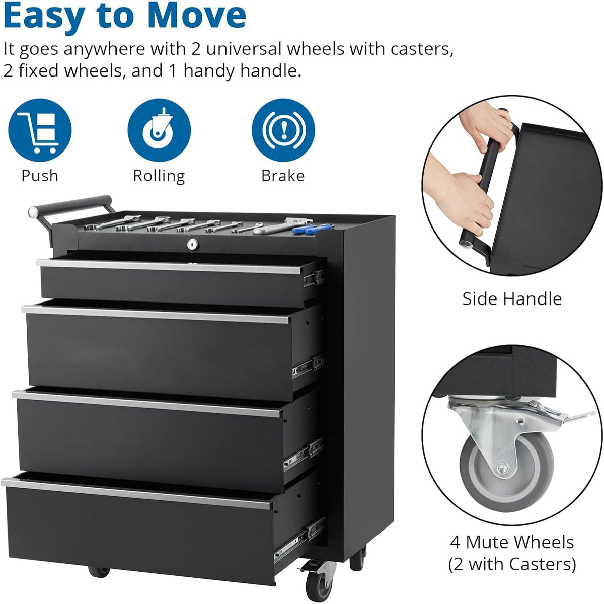 Heavy-Duty Rolling Tool Chest with 4 Lockable Drawers, Featuring a Sturdy Metal Cabinet and Smooth-Wheeling Mobility, Includes Protective Drawer Liners for Secure Storage