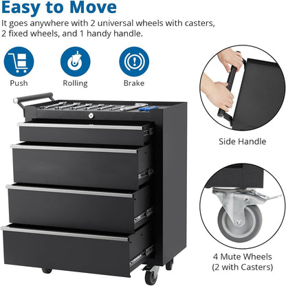 Heavy-Duty Rolling Tool Chest with 4 Lockable Drawers, Featuring a Sturdy Metal Cabinet and Smooth-Wheeling Mobility, Includes Protective Drawer Liners for Secure Storage