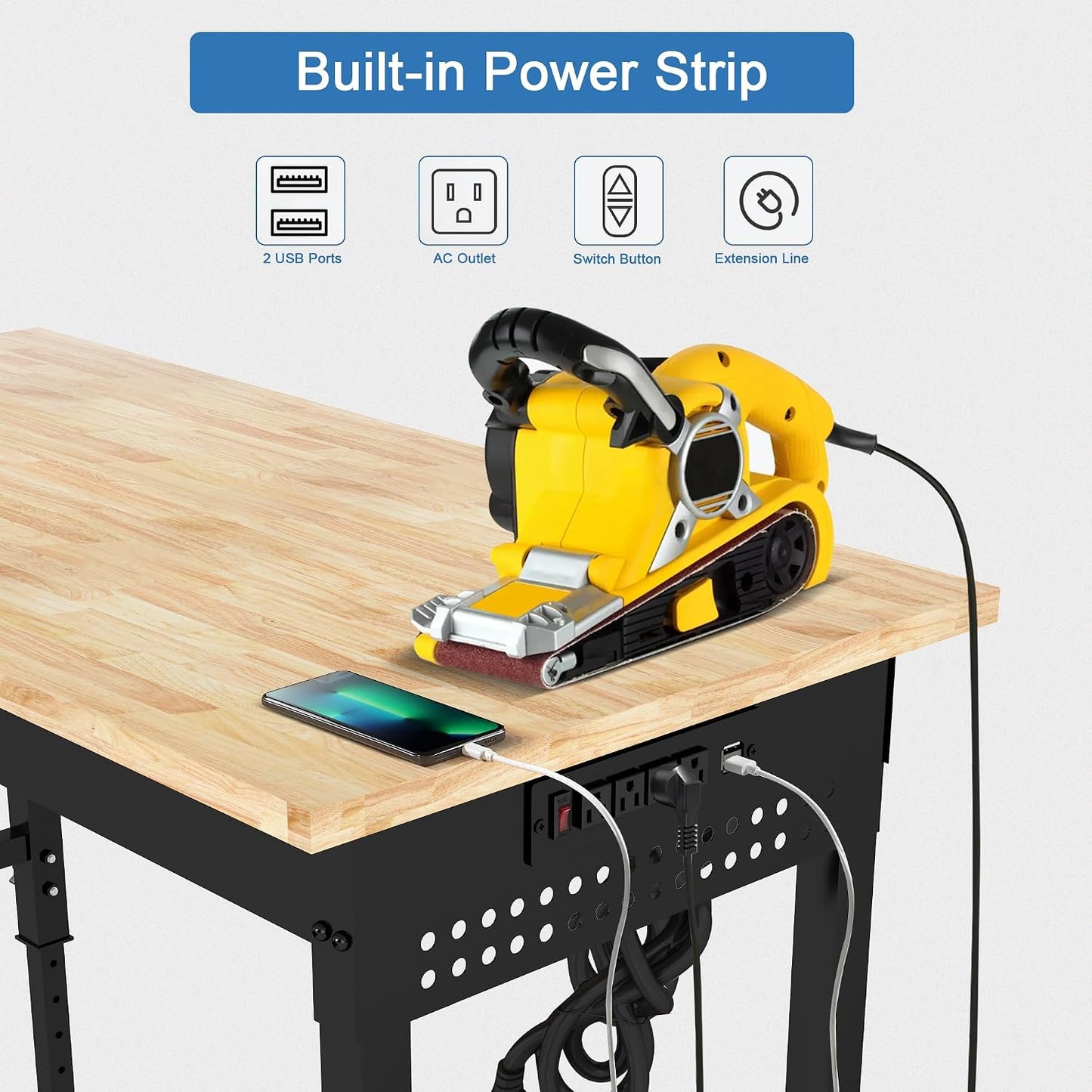 48" Heavy Duty Workbench with Power Outlets and Pegboard, HARDURA 1320 LBS Rubber Wood Top Adjustable Height Rolling Workbench for Garage Workshop