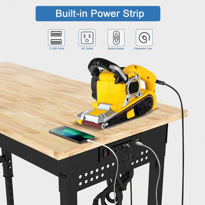 48" Heavy Duty Workbench with Power Outlets and Pegboard, HARDURA 1320 LBS Rubber Wood Top Adjustable Height Rolling Workbench for Garage Workshop
