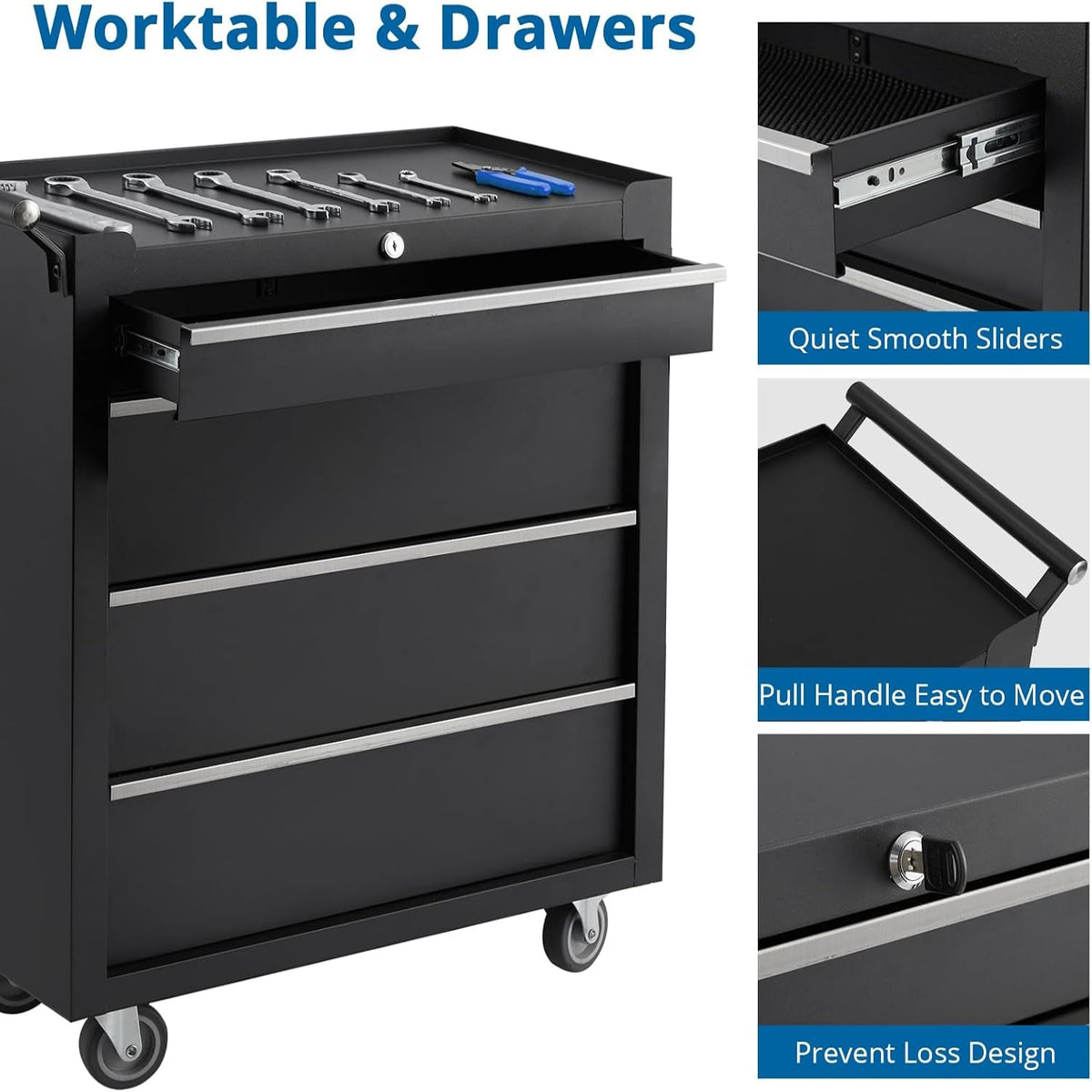 Heavy-Duty Rolling Tool Chest with 4 Lockable Drawers, Featuring a Sturdy Metal Cabinet and Smooth-Wheeling Mobility, Includes Protective Drawer Liners for Secure Storage