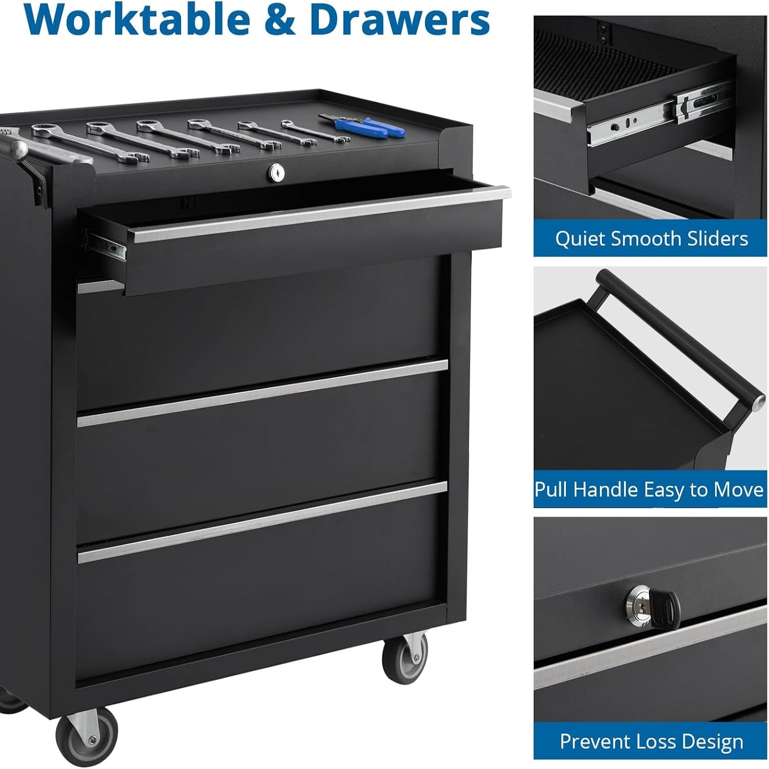 Heavy-Duty Rolling Tool Chest with 4 Lockable Drawers, Featuring a Sturdy Metal Cabinet and Smooth-Wheeling Mobility, Includes Protective Drawer Liners for Secure Storage