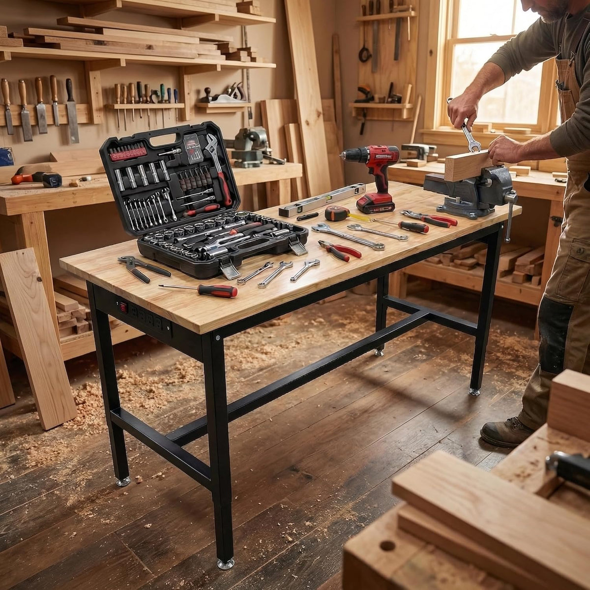 48 Inch Adjustable Workbench for Garage | Height Adjustable 29.5-38.6 Inches with Pegboard & Power Outlet, 2500 Lbs Load Capacity Heavy-Duty Steel Frame Workstation