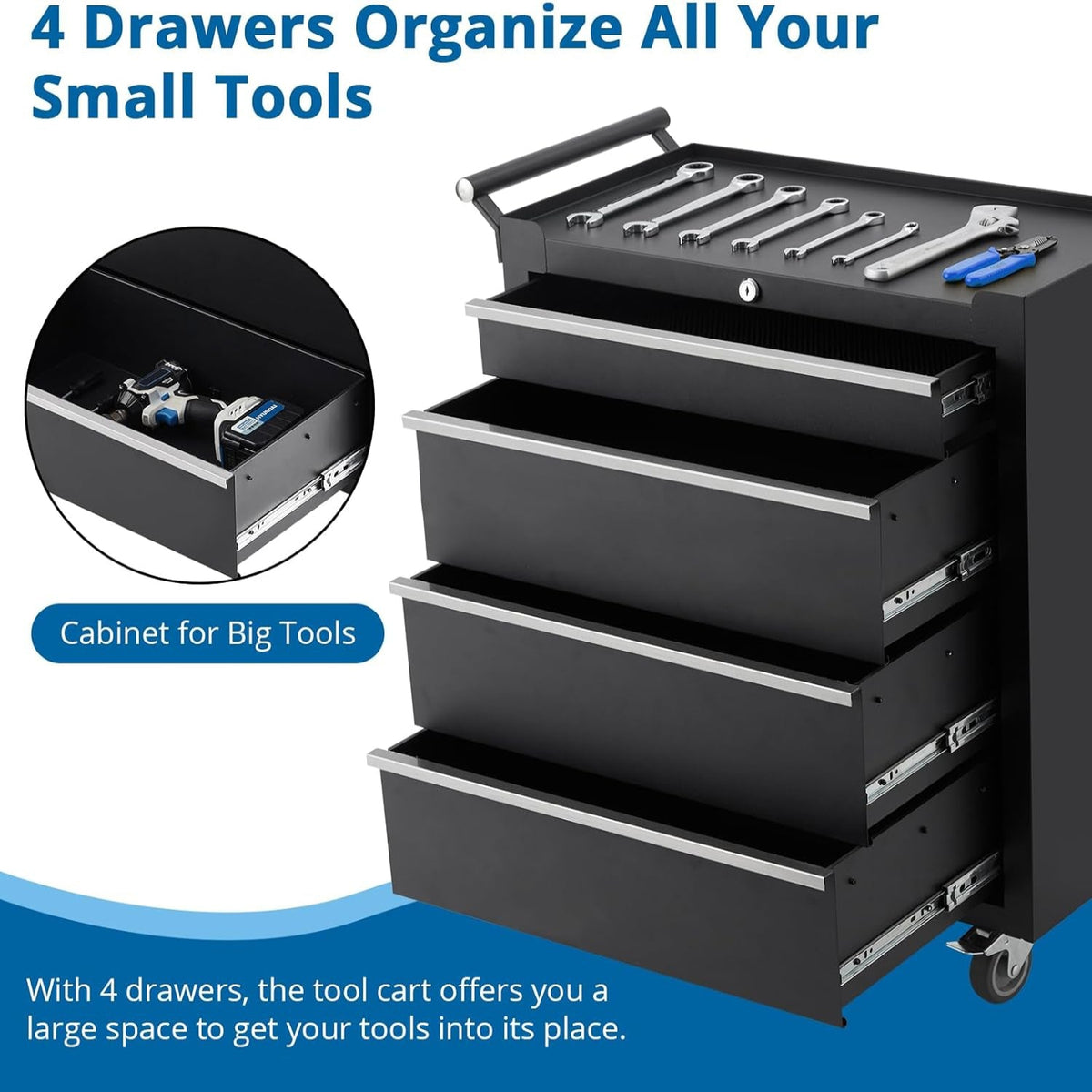 Heavy-Duty Rolling Tool Chest with 4 Lockable Drawers, Featuring a Sturdy Metal Cabinet and Smooth-Wheeling Mobility, Includes Protective Drawer Liners for Secure Storage