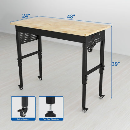 48" Heavy Duty Workbench with Power Outlets and Pegboard, HARDURA 1320 LBS Rubber Wood Top Adjustable Height Rolling Workbench for Garage Workshop