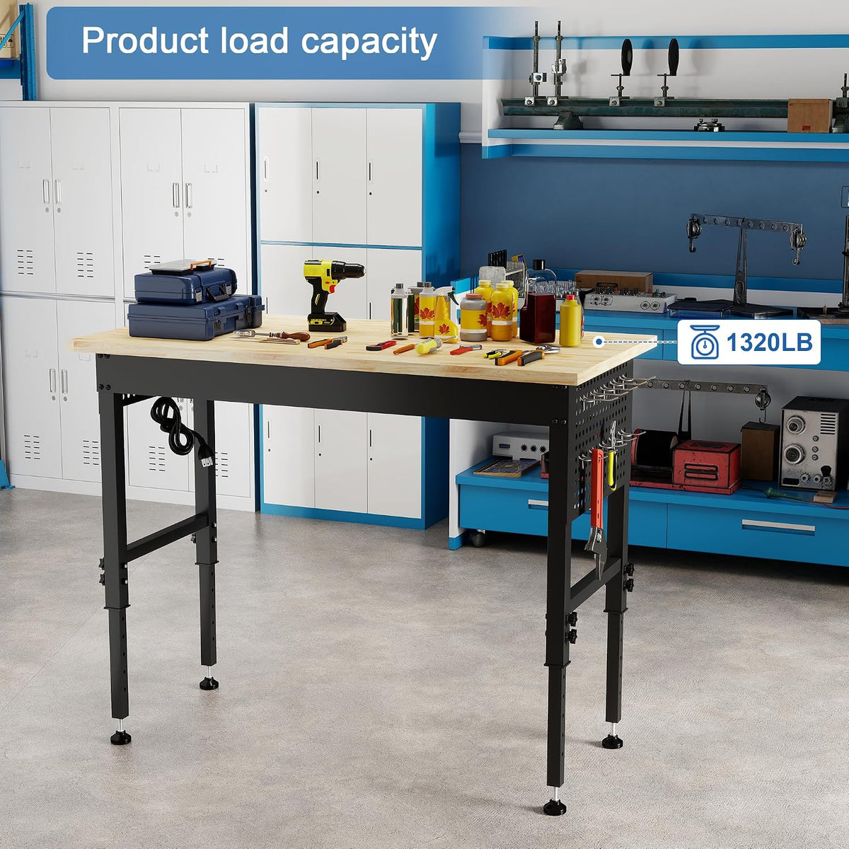 48" Heavy Duty Workbench with Power Outlets and Pegboard, HARDURA 1320 LBS Rubber Wood Top Adjustable Height Rolling Workbench for Garage Workshop