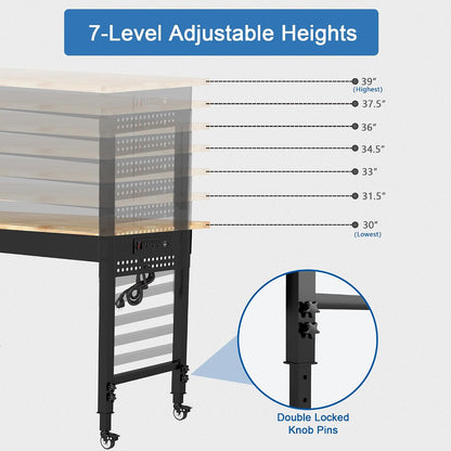48" Heavy Duty Workbench with Power Outlets and Pegboard, HARDURA 1320 LBS Rubber Wood Top Adjustable Height Rolling Workbench for Garage Workshop