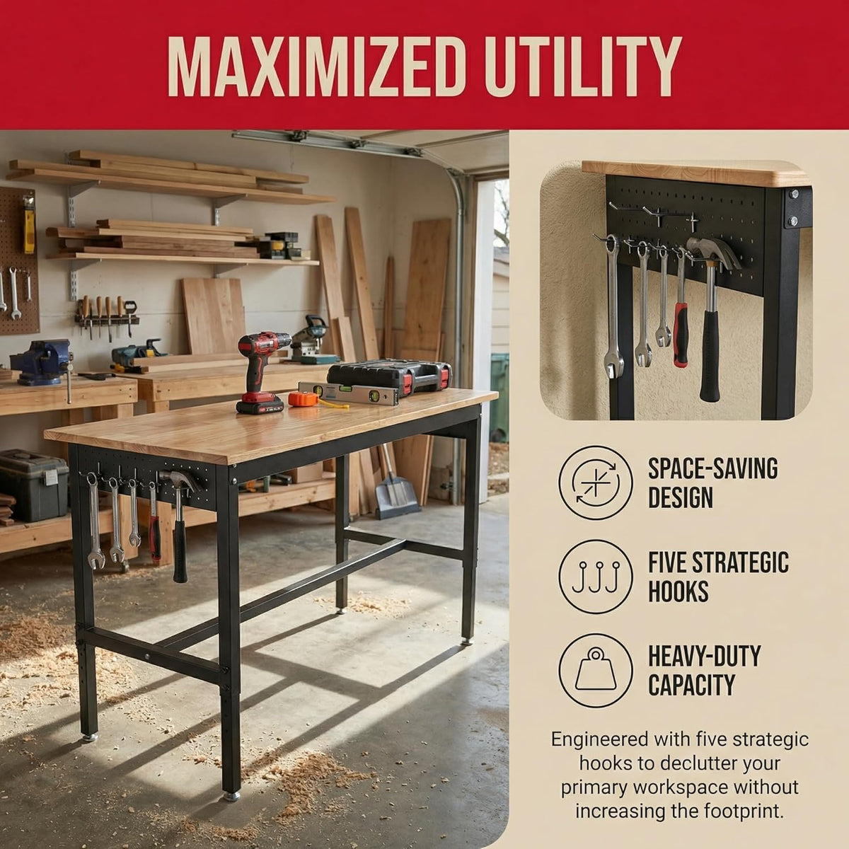 48 Inch Adjustable Workbench for Garage | Height Adjustable 29.5-38.6 Inches with Pegboard & Power Outlet, 2500 Lbs Load Capacity Heavy-Duty Steel Frame Workstation