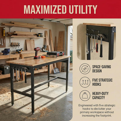 48 Inch Adjustable Workbench for Garage | Height Adjustable 29.5-38.6 Inches with Pegboard & Power Outlet, 2500 Lbs Load Capacity Heavy-Duty Steel Frame Workstation