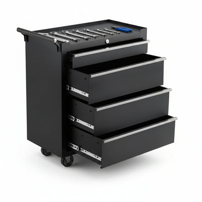 Heavy-Duty Rolling Tool Chest with 4 Lockable Drawers, Featuring a Sturdy Metal Cabinet and Smooth-Wheeling Mobility, Includes Protective Drawer Liners for Secure Storage