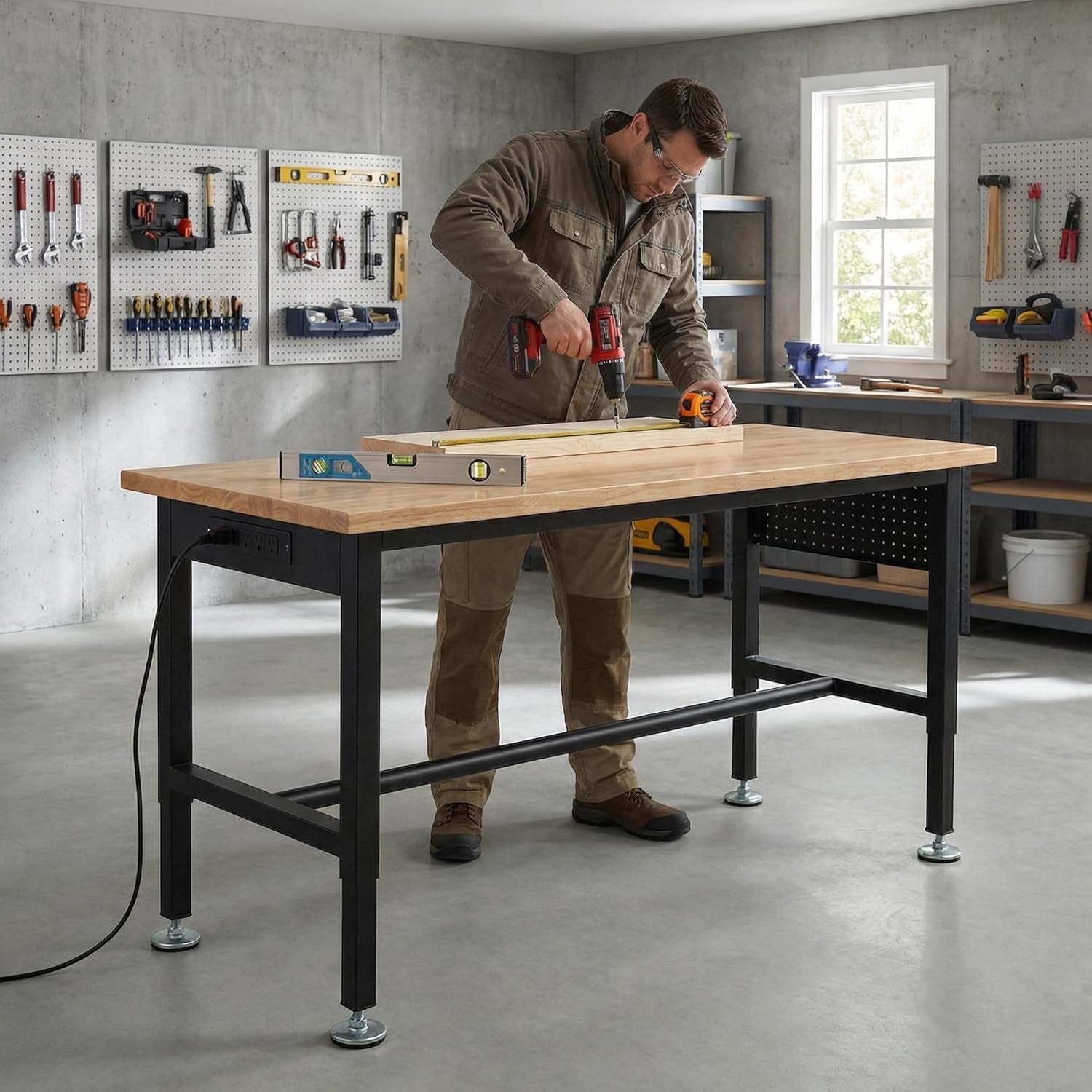 48 Inch Adjustable Workbench for Garage | Height Adjustable 29.5-38.6 Inches with Pegboard & Power Outlet, 2500 Lbs Load Capacity Heavy-Duty Steel Frame Workstation