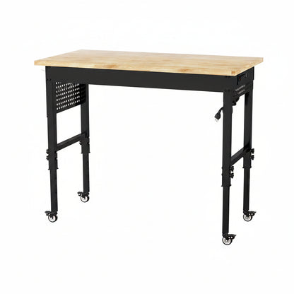48" Heavy Duty Workbench with Power Outlets and Pegboard, HARDURA 1320 LBS Rubber Wood Top Adjustable Height Rolling Workbench for Garage Workshop