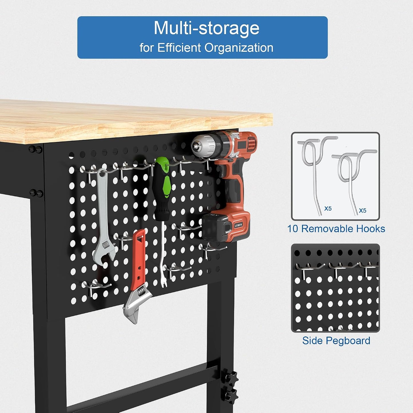 48" Heavy Duty Workbench with Power Outlets and Pegboard, HARDURA 1320 LBS Rubber Wood Top Adjustable Height Rolling Workbench for Garage Workshop