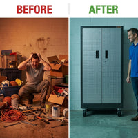 Premier Series Pre-Assembled Steel Freestanding Garage Cabinet in Silver with Casters (30 In. W X 65 In. H X 18 In. D) — Before & After