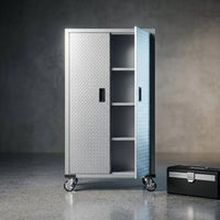 Premier Series Pre-Assembled Steel Freestanding Garage Cabinet in Silver with Casters (30 In. W X 65 In. H X 18 In. D) — Studio Shot