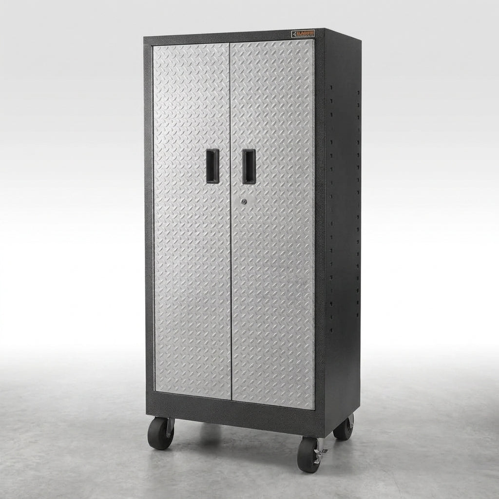 Premier Series Pre-Assembled Steel Freestanding Garage Cabinet in Silver with Casters (30 In. W X 65 In. H X 18 In. D) — Studio Shot