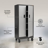 Premier Series Pre-Assembled Steel Freestanding Garage Cabinet in Silver with Casters (30 In. W X 65 In. H X 18 In. D) — infographic