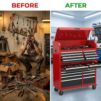 Tool Chest 18-Drawer | 66'' Large Rolling Tool Chest with Wheels | Detachable Top Metal Tool Box with Gas Struts | Lockable Rolling Tool Cabinet with Liners,Power Strip | Garage, Repair Shop, Workshop — Before & After