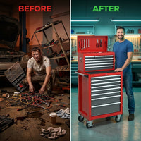 Tool Chest Built for Professional Organization, 18 Drawers, Cold-Rolled Steel, Detachable Top Box — Before & After
