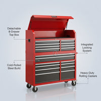 Tool Chest Built for Professional Organization, 18 Drawers, Cold-Rolled Steel, Detachable Top Box — infographic