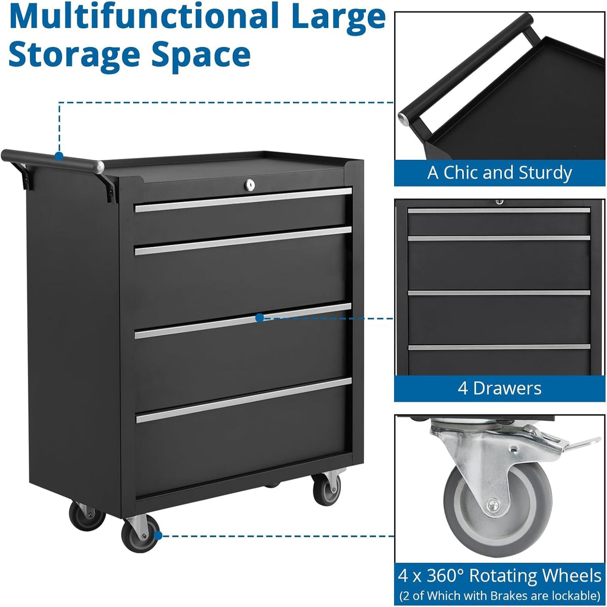 Heavy-Duty Rolling Tool Chest with 4 Lockable Drawers, Featuring a Sturdy Metal Cabinet and Smooth-Wheeling Mobility, Includes Protective Drawer Liners for Secure Storage