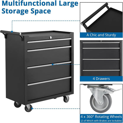 Heavy-Duty Rolling Tool Chest with 4 Lockable Drawers, Featuring a Sturdy Metal Cabinet and Smooth-Wheeling Mobility, Includes Protective Drawer Liners for Secure Storage