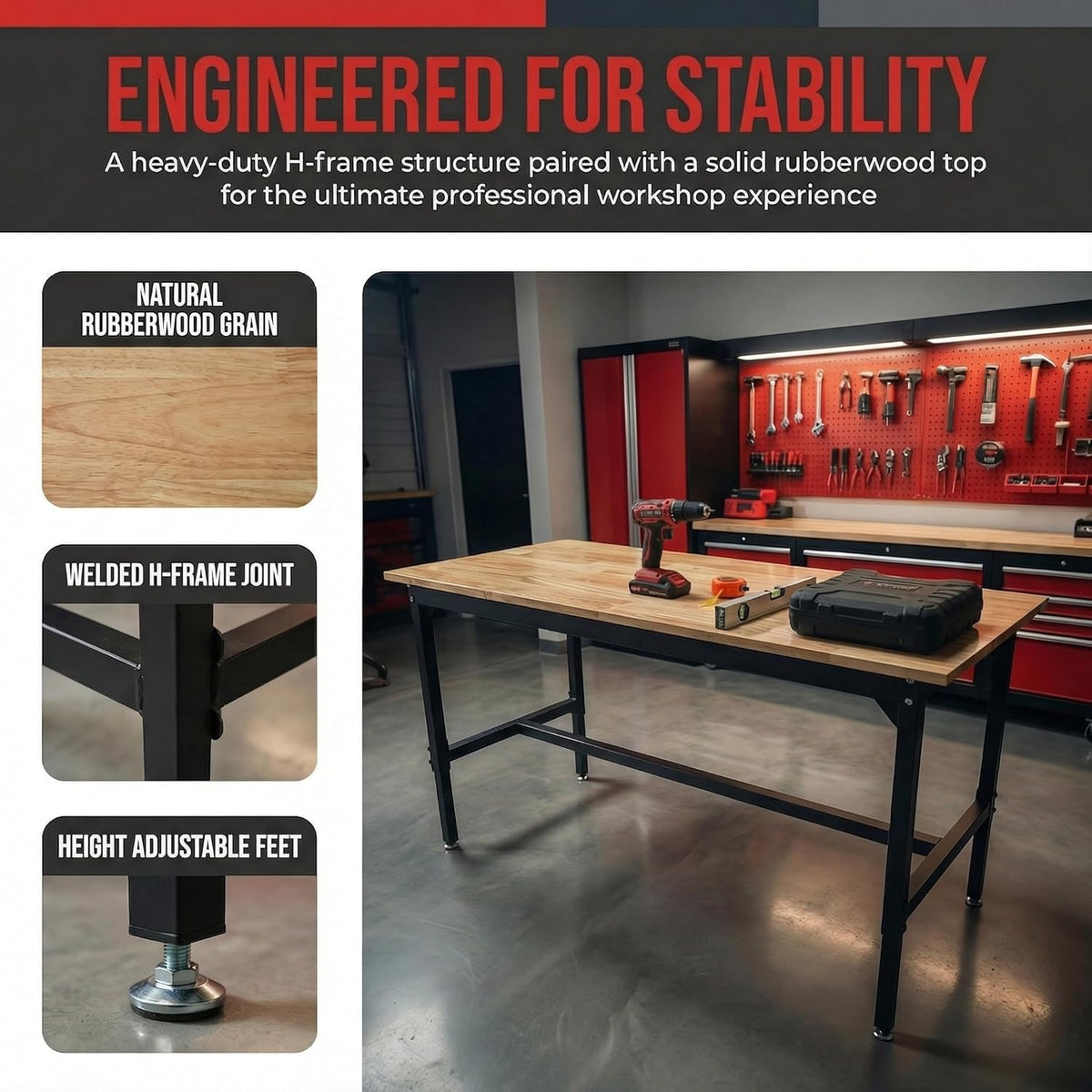 48 Inch Adjustable Workbench for Garage | Height Adjustable 29.5-38.6 Inches with Pegboard & Power Outlet, 2500 Lbs Load Capacity Heavy-Duty Steel Frame Workstation