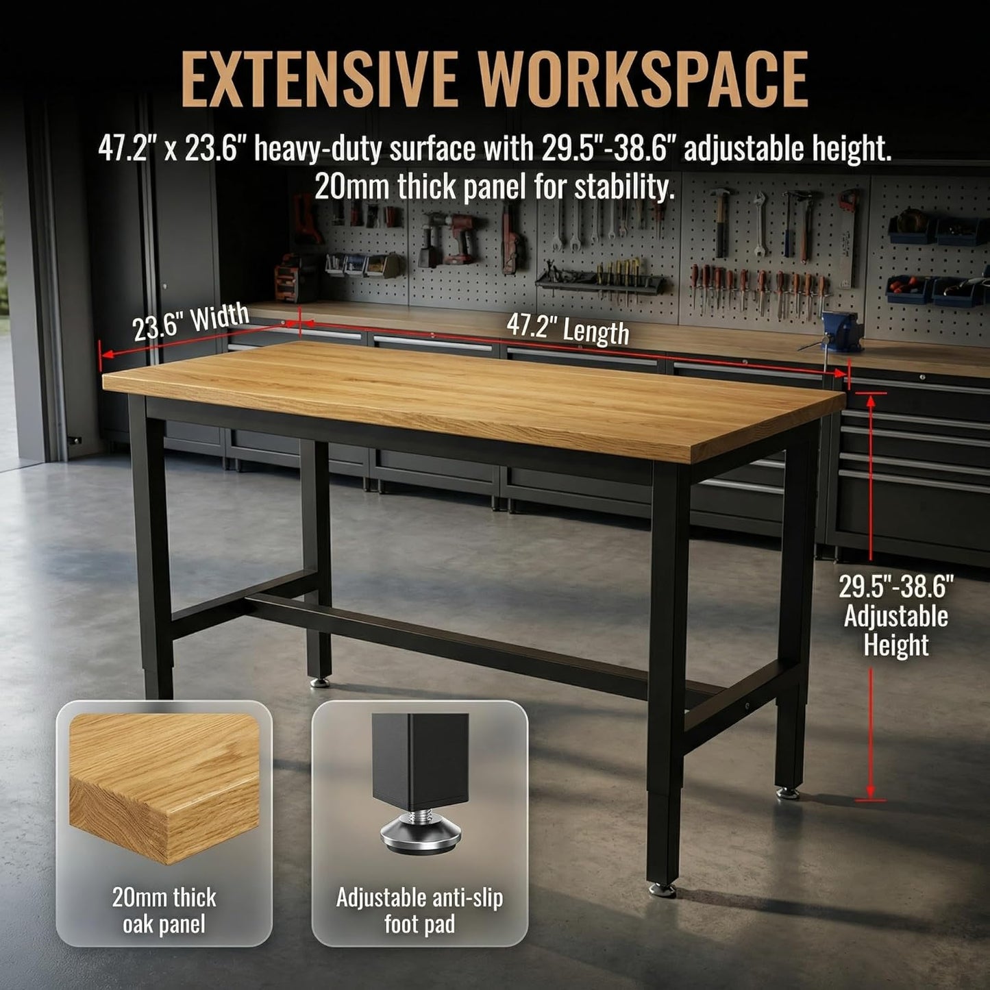 48 Inch Adjustable Workbench for Garage | Height Adjustable 29.5-38.6 Inches with Pegboard & Power Outlet, 2500 Lbs Load Capacity Heavy-Duty Steel Frame Workstation