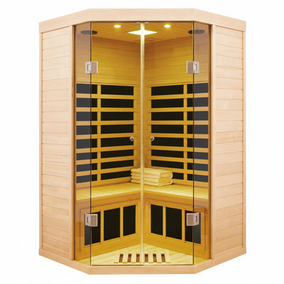 2-Person Corner Far Infrared Sauna Room - Hemlock Wood, Deluxe Transparent Glass Front, Large Capacity Home Sauna