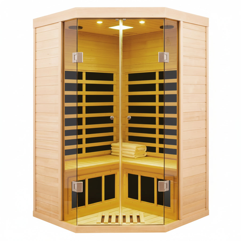 2-Person Corner Far Infrared Sauna Room - Hemlock Wood, Deluxe Transparent Glass Front, Large Capacity Home Sauna