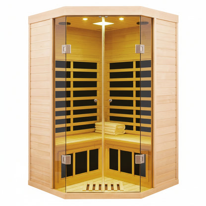 2-Person Corner Far Infrared Sauna Room - Hemlock Wood, Deluxe Transparent Glass Front, Large Capacity Home Sauna